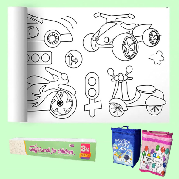Súper Combo de Arte: Rollo de Dibujos 3m + 24 Marcadores