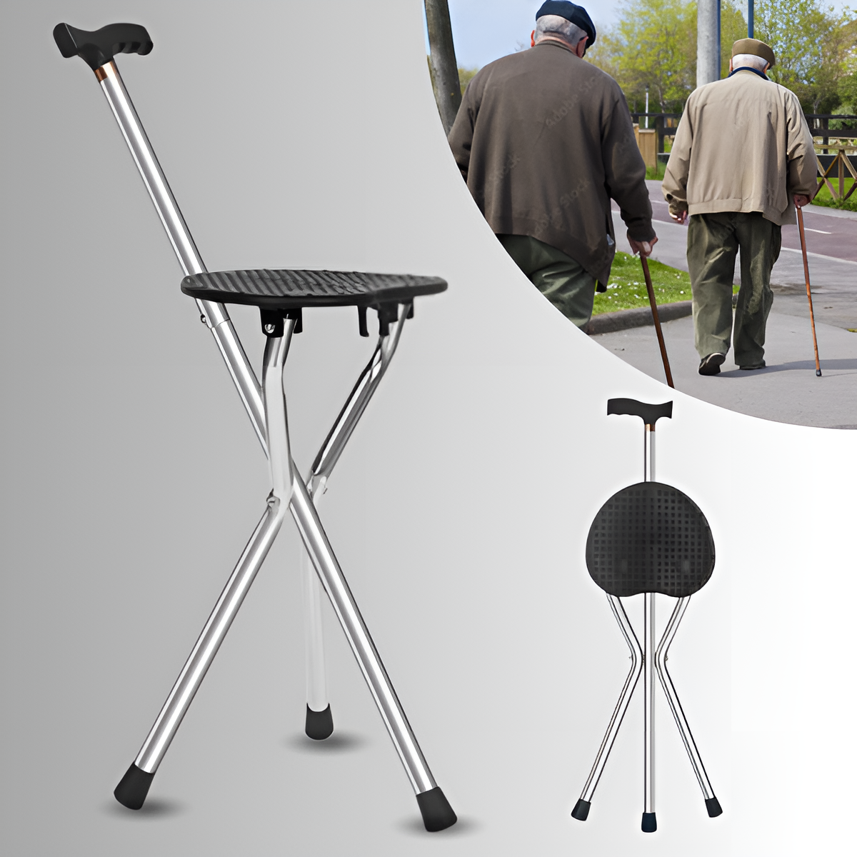 Multi-Cane™ Bastón Graduable Con Silla Plegable (Soporte 100 Kg)