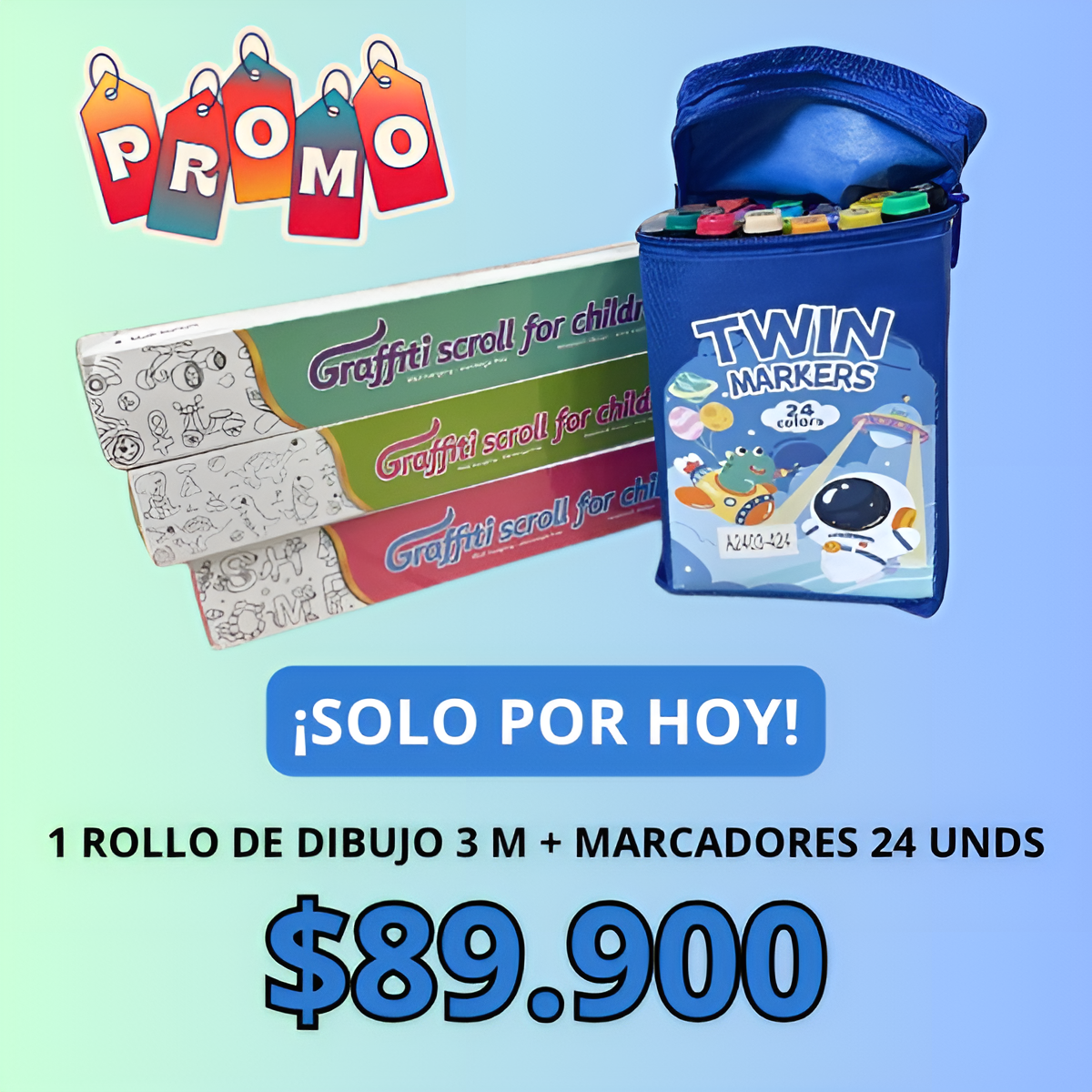 Súper Combo de Arte: Rollo de Dibujos 3m + 24 Marcadores